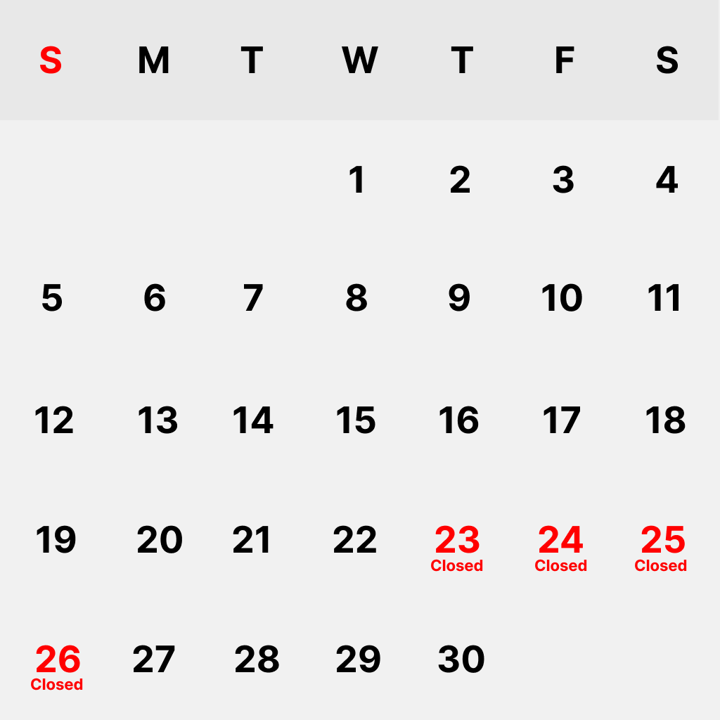 November calendar with the 23rd to the 26th marked closed